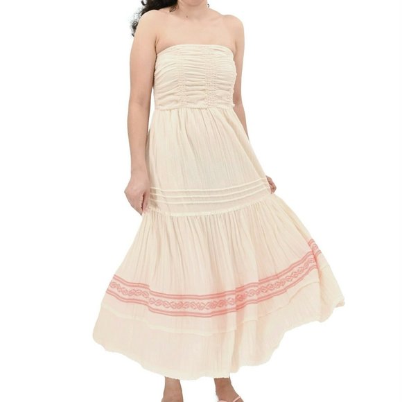 FREE PEOPLE Womens Sz M Cream Gauze Embroidered Strapless Dress Prairie Boho